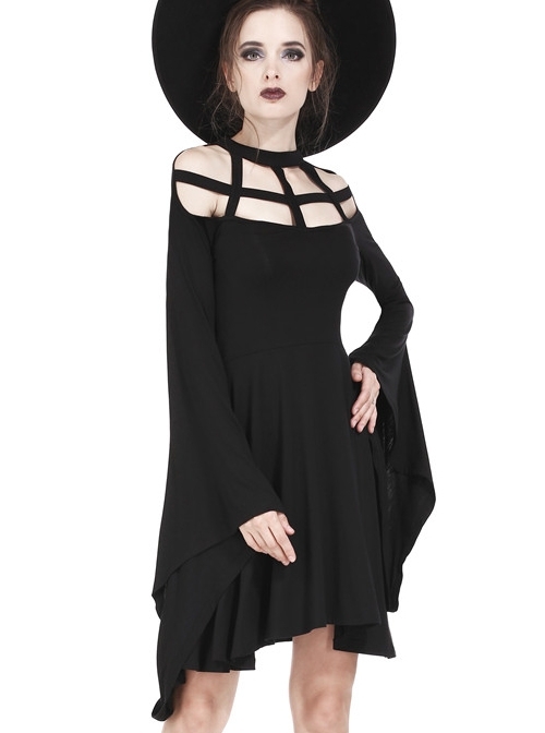 Gothic Black Knitted Spider Web Shape Collar Long Sleeve Dress