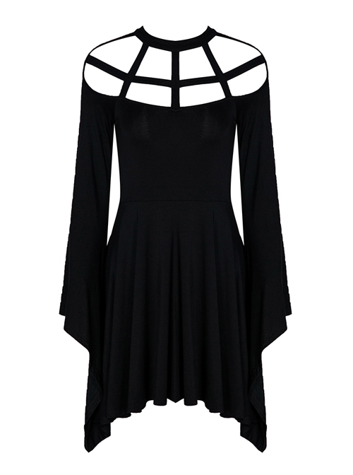 Gothic Black Knitted Spider Web Shape Collar Long Sleeve Dress