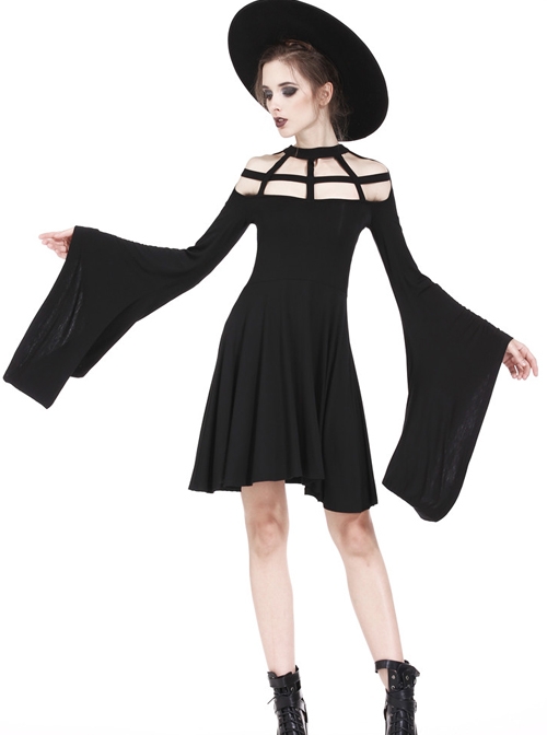 Gothic Black Knitted Spider Web Shape Collar Long Sleeve Dress