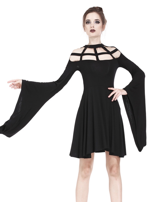 Gothic Black Knitted Spider Web Shape Collar Long Sleeve Dress
