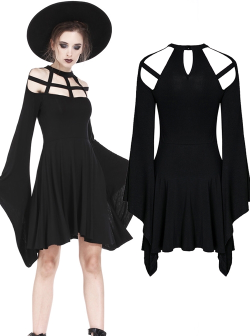 Gothic Black Knitted Spider Web Shape Collar Long Sleeve Dress