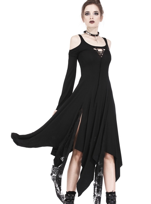 Gothic Black Knitted Off Shoulder Irregular Hem Long Sleeve Long Dress