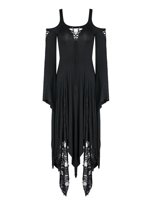 Gothic Black Knitted Off Shoulder Irregular Hem Long Sleeve Long Dress