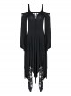 Gothic Black Knitted Off Shoulder Irregular Hem Long Sleeve Long Dress