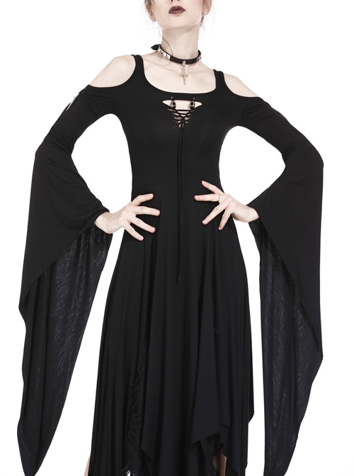 Gothic Black Knitted Off Shoulder Irregular Hem Long Sleeve Long Dress