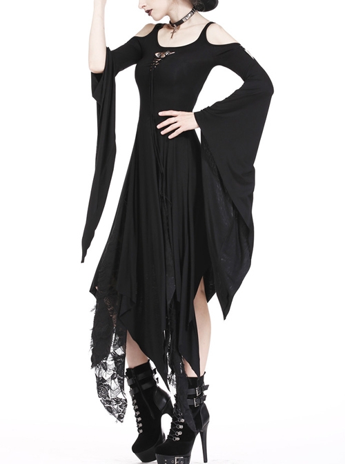 Gothic Black Knitted Off Shoulder Irregular Hem Long Sleeve Long Dress