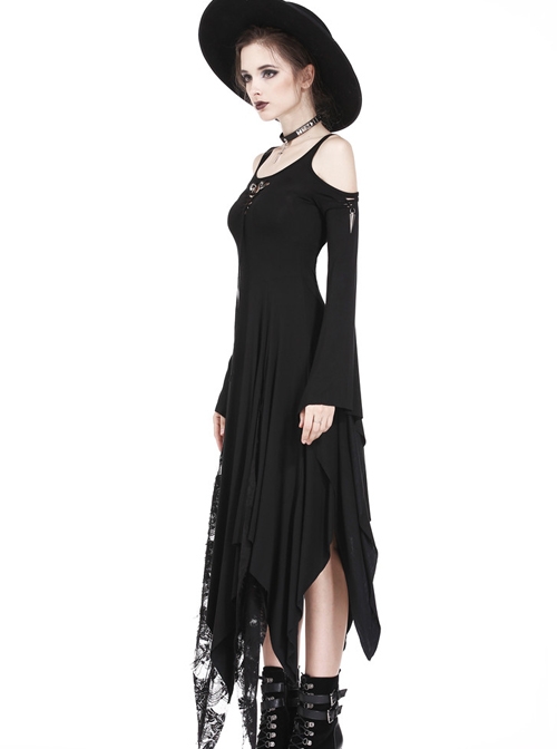Gothic Black Knitted Off Shoulder Irregular Hem Long Sleeve Long Dress