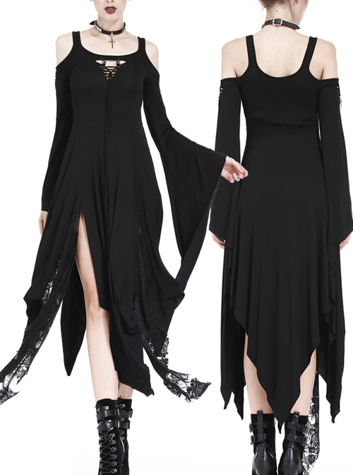 Gothic Black Knitted Off Shoulder Irregular Hem Long Sleeve Long Dress