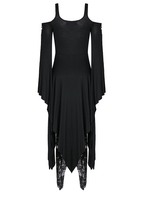 Gothic Black Knitted Off Shoulder Irregular Hem Long Sleeve Long Dress