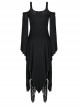 Gothic Black Knitted Off Shoulder Irregular Hem Long Sleeve Long Dress