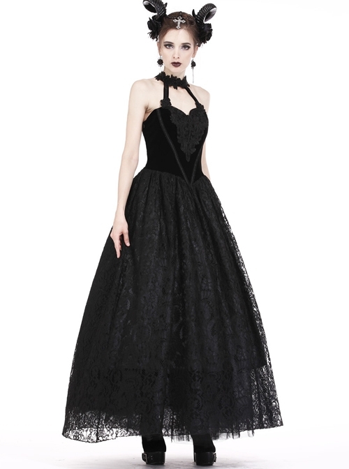 Gothic Black Noble Velvet Lace Embroidery Backless Long Dress