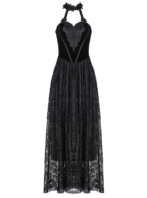 Gothic Black Noble Velvet Lace Embroidery Backless Long Dress