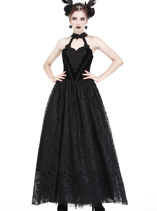 Gothic Black Noble Velvet Lace Embroidery Backless Long Dress
