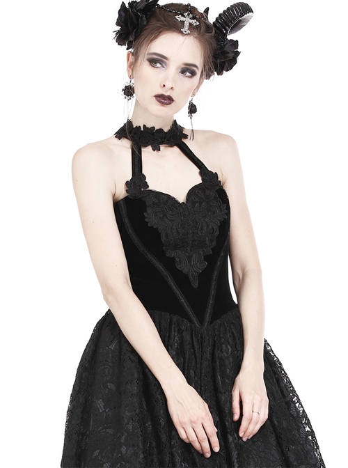 Gothic Black Noble Velvet Lace Embroidery Backless Long Dress