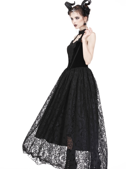 Gothic Black Noble Velvet Lace Embroidery Backless Long Dress
