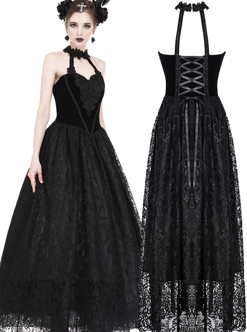 Gothic Black Noble Velvet Lace Embroidery Backless Long Dress