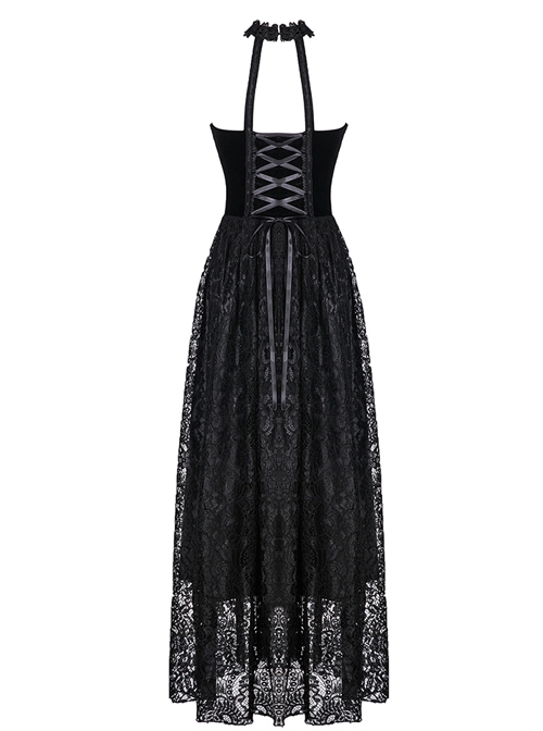 Gothic Black Noble Velvet Lace Embroidery Backless Long Dress
