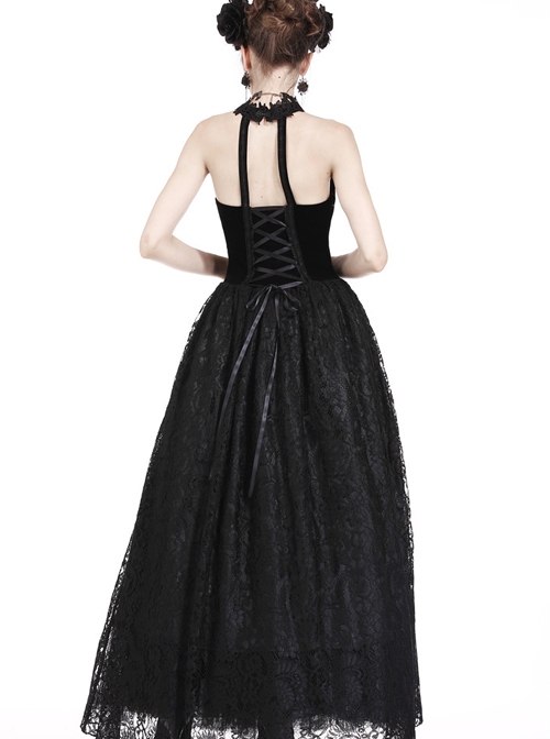 Gothic Black Noble Velvet Lace Embroidery Backless Long Dress