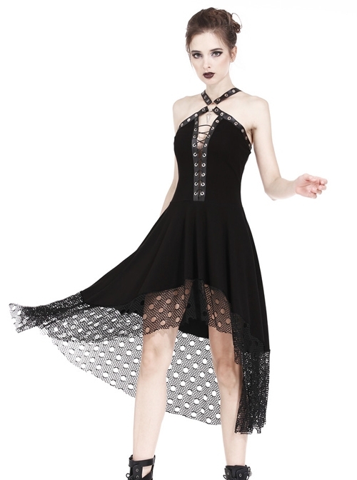 Gothic Mesh Lace Hem Black Knitted Sexy PU Sling Dress
