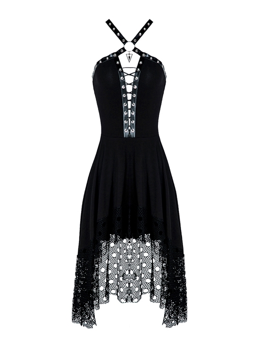 Gothic Mesh Lace Hem Black Knitted Sexy PU Sling Dress