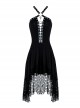 Gothic Mesh Lace Hem Black Knitted Sexy PU Sling Dress