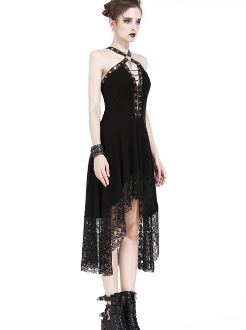 Gothic Mesh Lace Hem Black Knitted Sexy PU Sling Dress