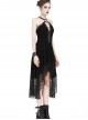 Gothic Mesh Lace Hem Black Knitted Sexy PU Sling Dress