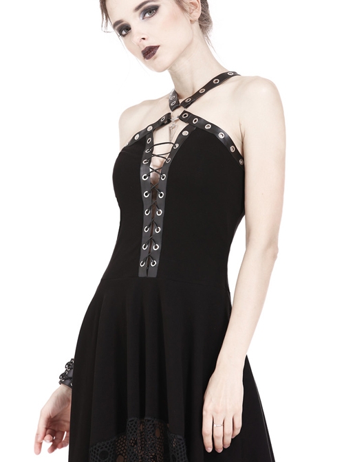 Gothic Mesh Lace Hem Black Knitted Sexy PU Sling Dress