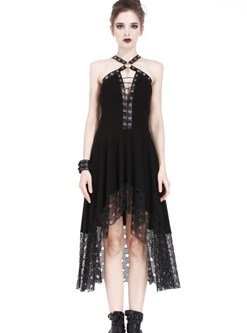 Gothic Mesh Lace Hem Black Knitted Sexy PU Sling Dress