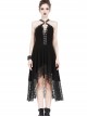 Gothic Mesh Lace Hem Black Knitted Sexy PU Sling Dress