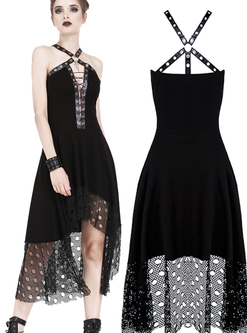 Gothic Mesh Lace Hem Black Knitted Sexy PU Sling Dress