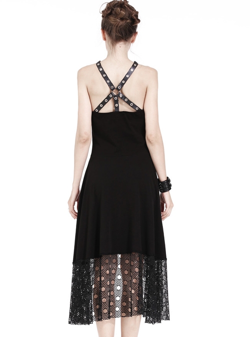 Gothic Mesh Lace Hem Black Knitted Sexy PU Sling Dress