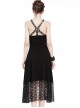 Gothic Mesh Lace Hem Black Knitted Sexy PU Sling Dress