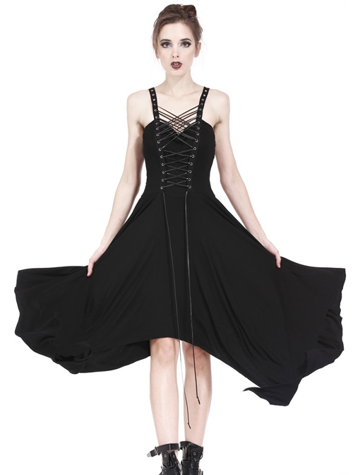 Black Interlaced Rope Design Irregular Hem Gothic Knitted Dress