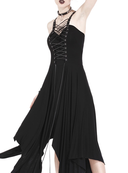 Black Interlaced Rope Design Irregular Hem Gothic Knitted Dress