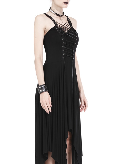 Black Interlaced Rope Design Irregular Hem Gothic Knitted Dress