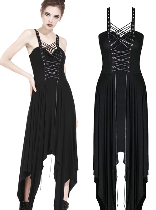 Black Interlaced Rope Design Irregular Hem Gothic Knitted Dress