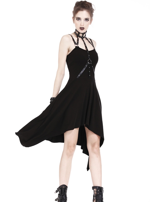 Black Rivet Neck Tapes Irregular Hem Gothic Knitted Dress
