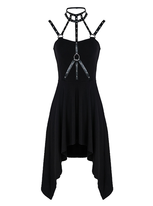 Black Rivet Neck Tapes Irregular Hem Gothic Knitted Dress