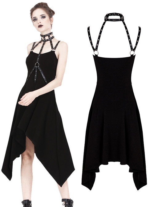 Black Rivet Neck Tapes Irregular Hem Gothic Knitted Dress