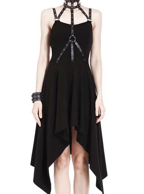 Black Rivet Neck Tapes Irregular Hem Gothic Knitted Dress