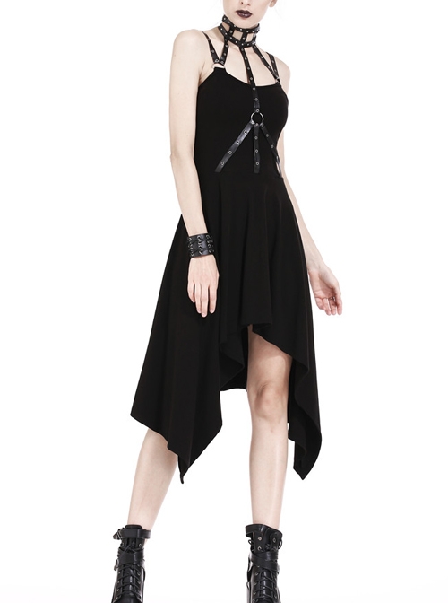 Black Rivet Neck Tapes Irregular Hem Gothic Knitted Dress