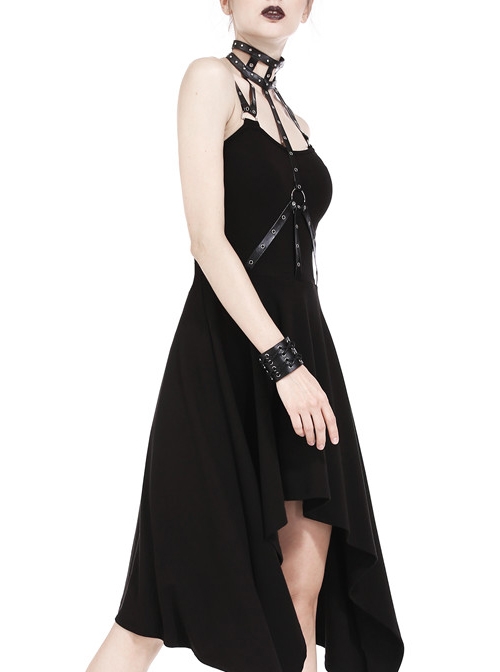 Black Rivet Neck Tapes Irregular Hem Gothic Knitted Dress