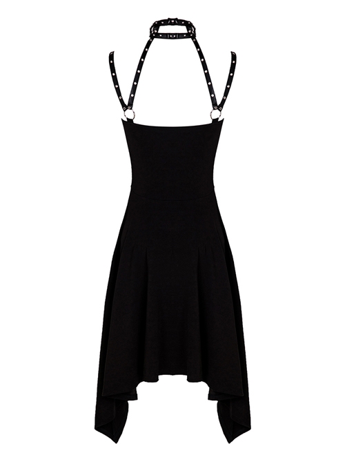 Black Rivet Neck Tapes Irregular Hem Gothic Knitted Dress