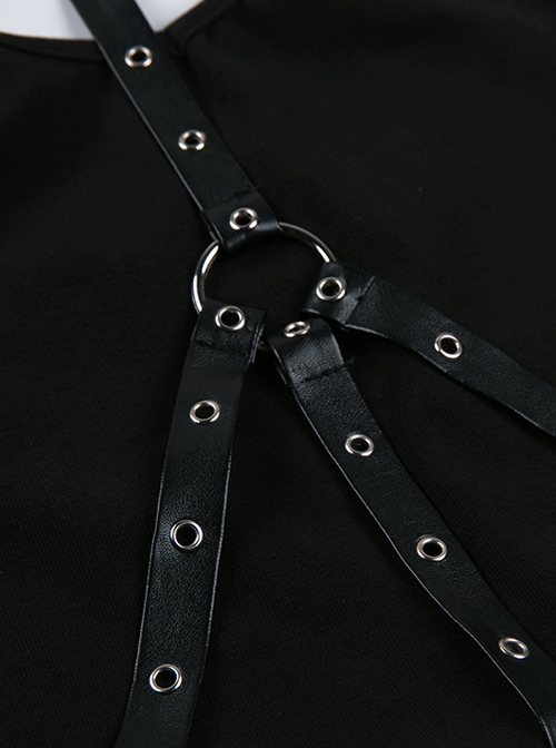 Black Rivet Neck Tapes Irregular Hem Gothic Knitted Dress