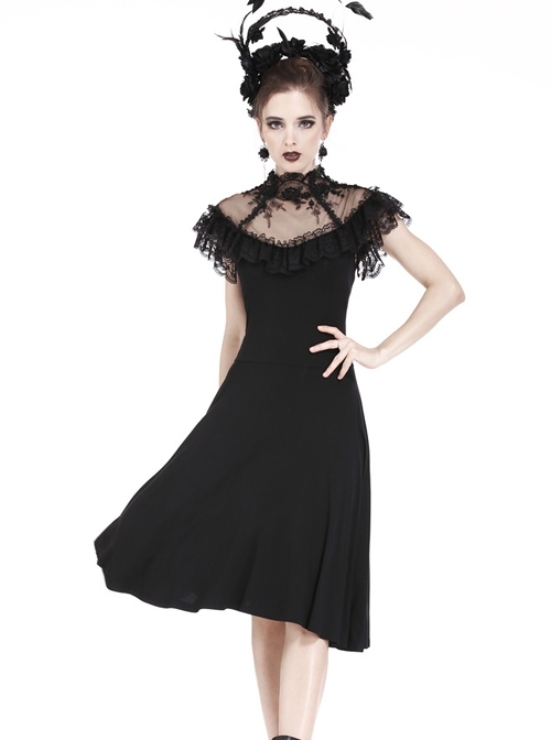 Gothic Black Sexy Rose Flower Lace Knitted Dress