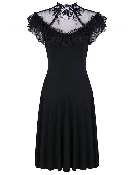 Gothic Black Sexy Rose Flower Lace Knitted Dress