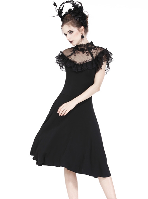 Gothic Black Sexy Rose Flower Lace Knitted Dress