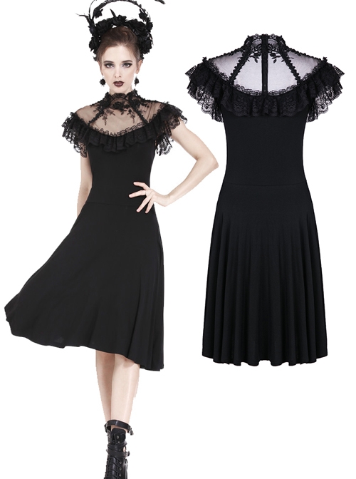 Gothic Black Sexy Rose Flower Lace Knitted Dress
