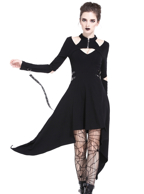 Punk Metal Hook Black Hollow Out Shoulder Gothic Midi Dress